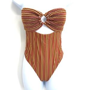 Free People ROVE India One Piece Swimsuit Size XS Smocked Cutout Brown Striped